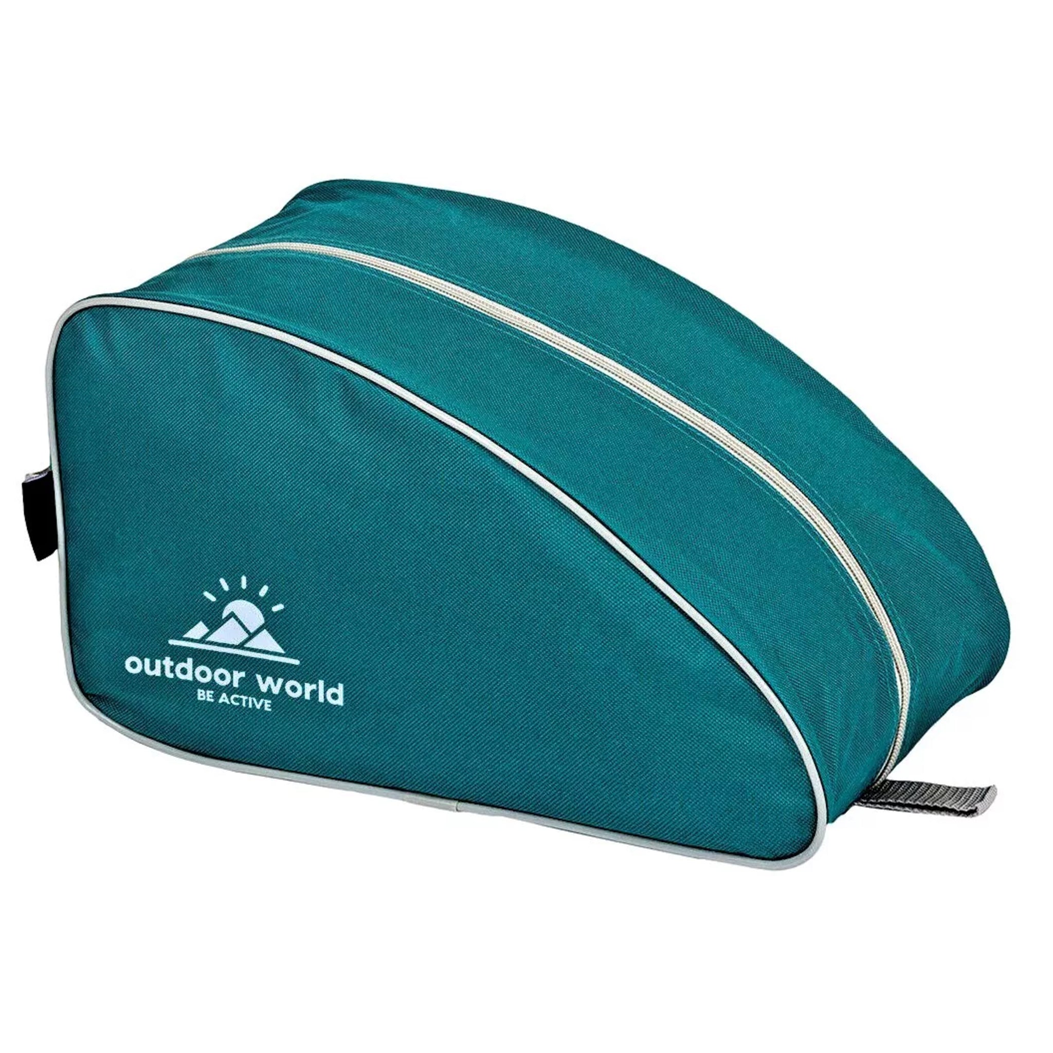 Outdoor World branded waterproof boot bag in teal with 2-way zip, strong carry handle, and durable 600D fabric ā ideal for hiking, sports, and travel